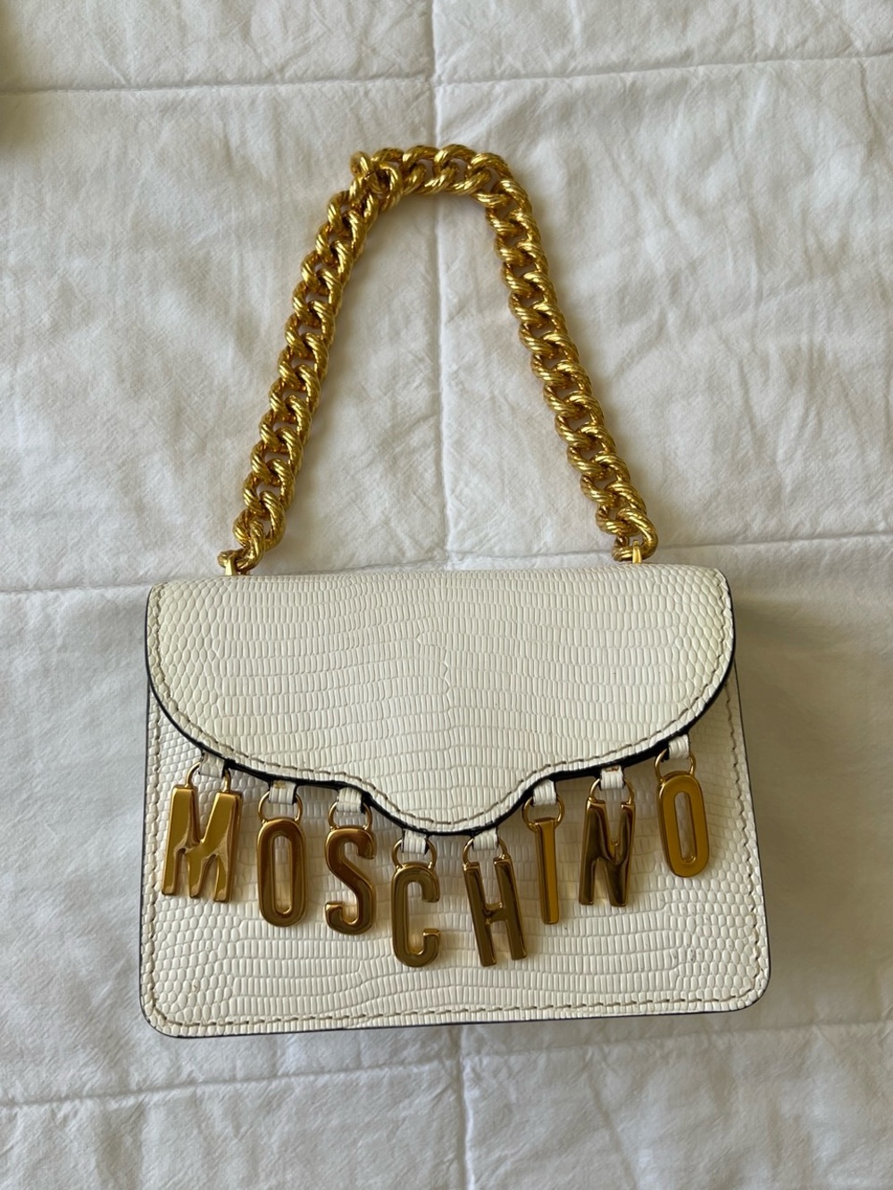 Moschino White Textured Mini Bag with Gold Chain